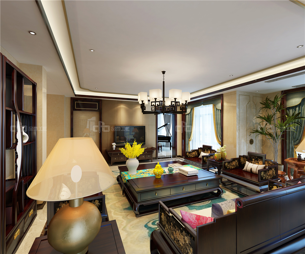 整木定制新中式裝修風格 別墅高清效果圖(圖4) 整木定制客廳