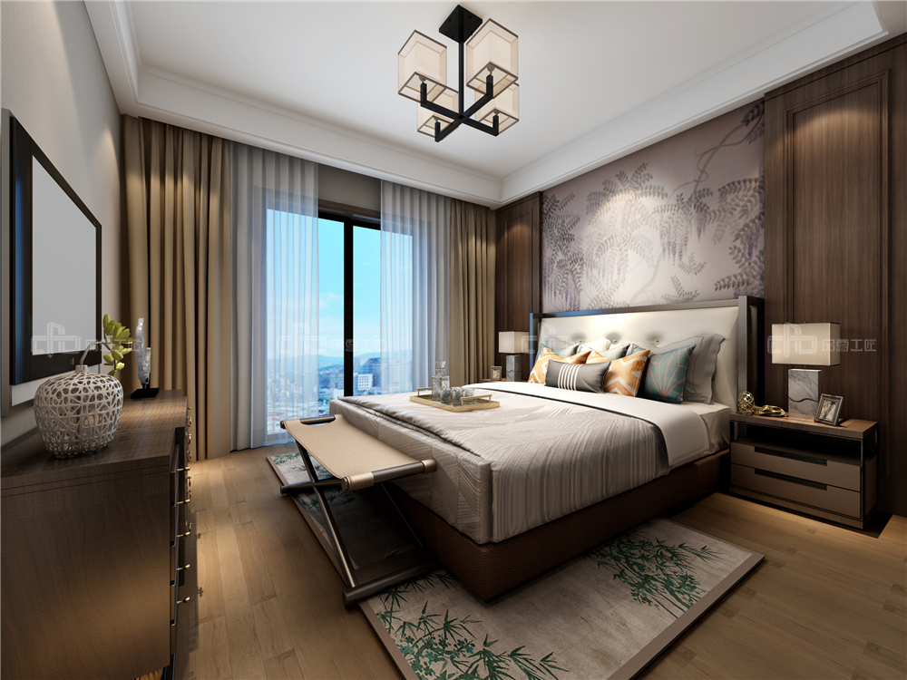 整木定制新中式裝修風格 別墅高清效果圖(圖9) 整木定制臥室